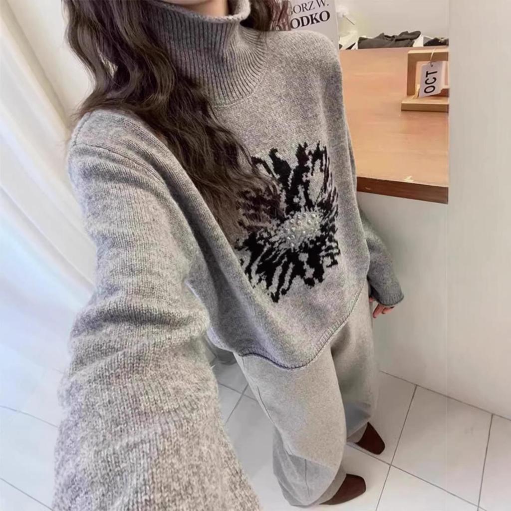 Women's European Retro High Neck Jacquard Sweater - Korean Style, Versatile, Loose Fit Knitwear