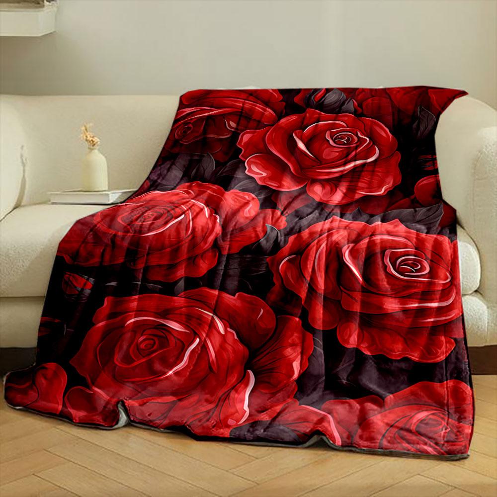 Vivid Red Roses with Dark Green Leaves On a Deep Background. for All Seasons Blanket Lunch Break Throw Gift