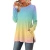 Women's Gradient Printed Round-neck Long-sleeved Top With Pockets And Side Slits