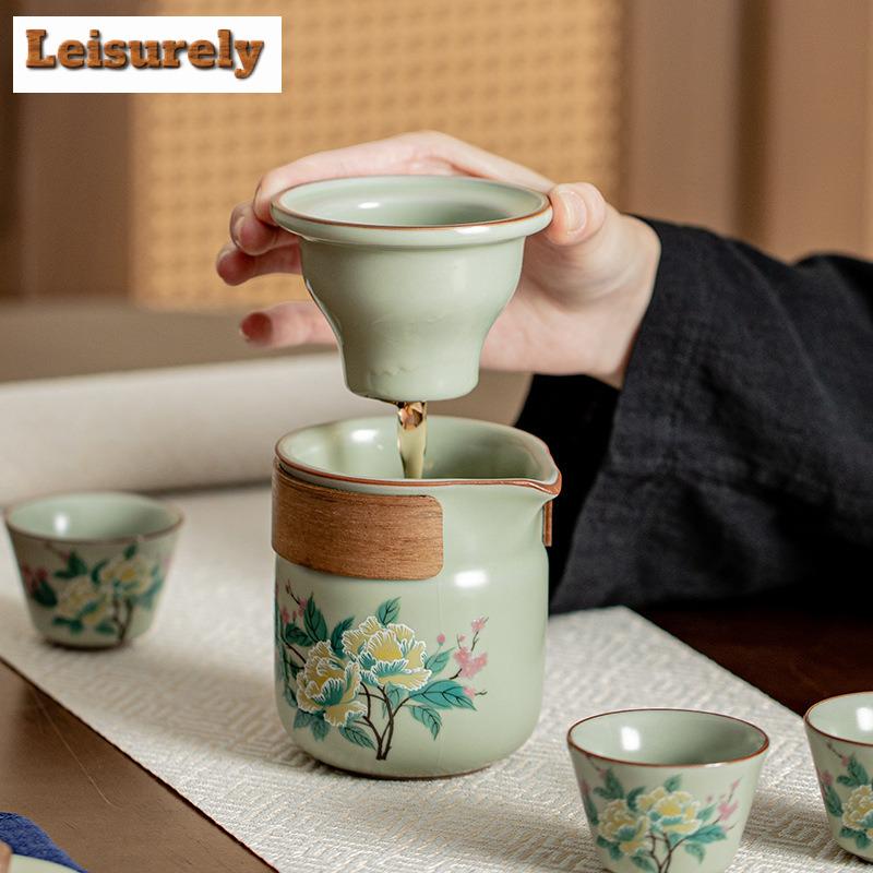 Pea Greem Ru Kiln Hibiscus Mutabilis Tea Set Kit Boutique 1 Pot 3 Cups Tea Maker Portable Travel Tea Set Camping Organizer Bags