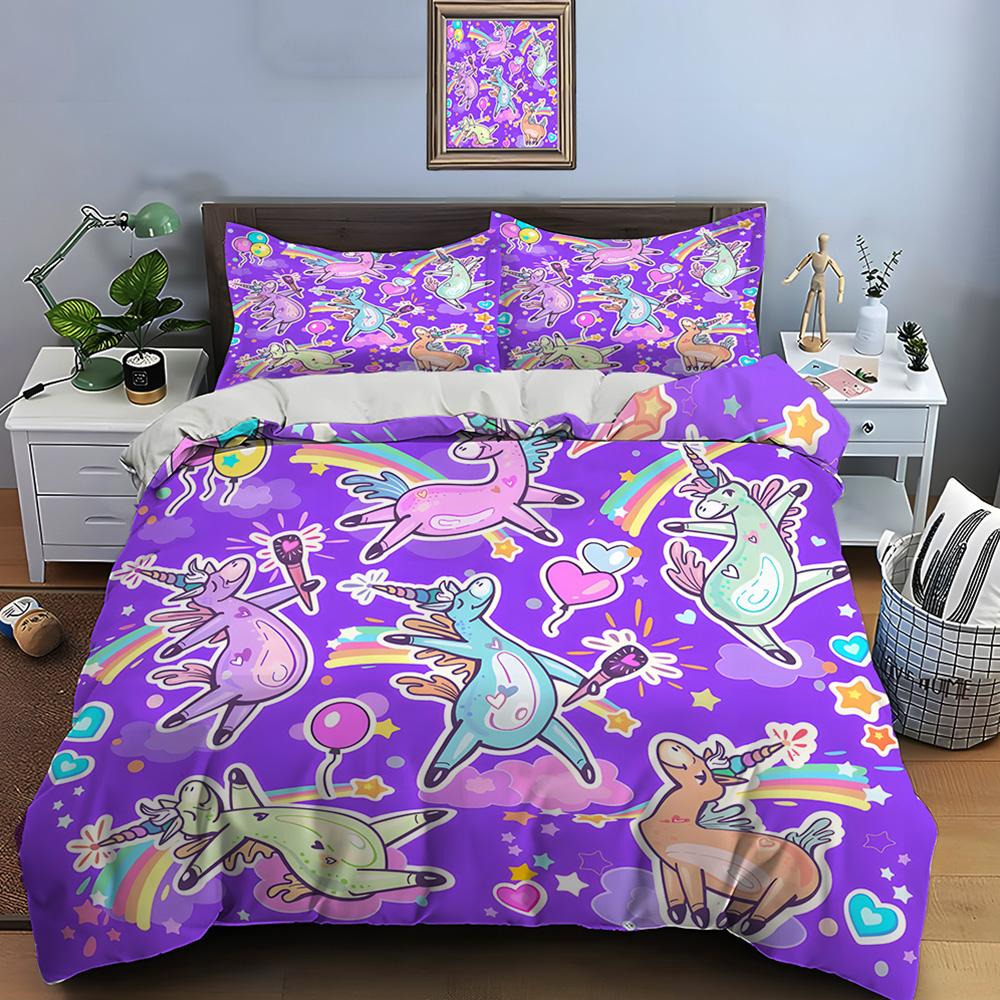 Cute Unicorns With Rainbow Background Bedding Set 1 Duvet Cover 2 Pillowcases For Adult And Children Luxury Gift Full Size
