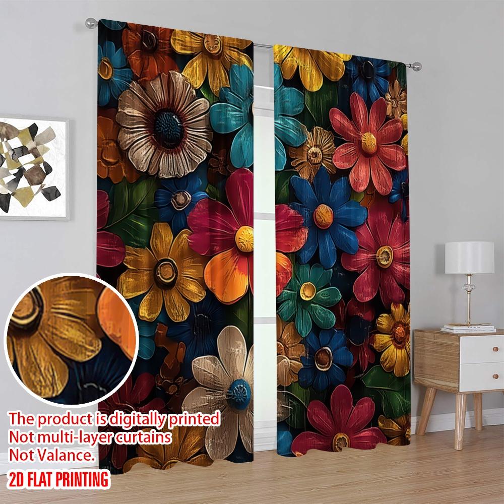 2D Flat Printing 2pcs Window Curtains Vintage Floral Durable Polyester  Without Electricity Birthday Party Perfect for Indoor