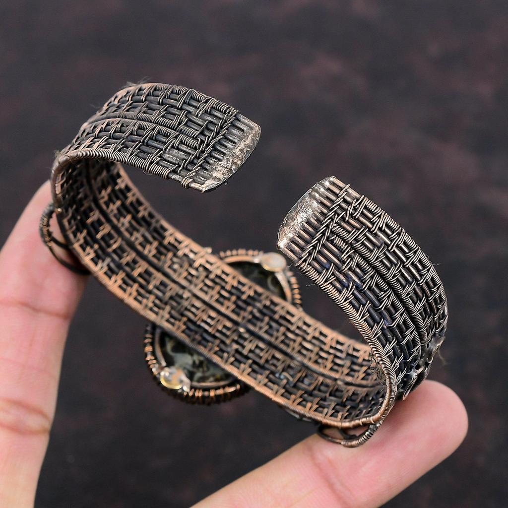 Turritella Agate Cuff Bracelet Copper Wire Wrapped Bangle Rainbow Moonstone Gemstone Cuff Handmade Adjustable Bangle Copper Jewelry For Gift