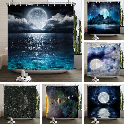 Cortina de Chuveiro Céu Estrelado Universo Terra Decoração de Banheiro Tecido de Poliéster Impermeável Conjunto de Cortinas de Chuveiro Paisagem Noturna Tapete