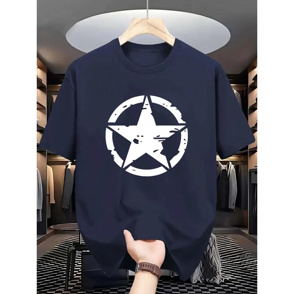 Men'S Casual Crew Neck T-Shirt with Geometric Five-Pointed Star Print, Knit Fabric, Slight Stretch, Regular Fit