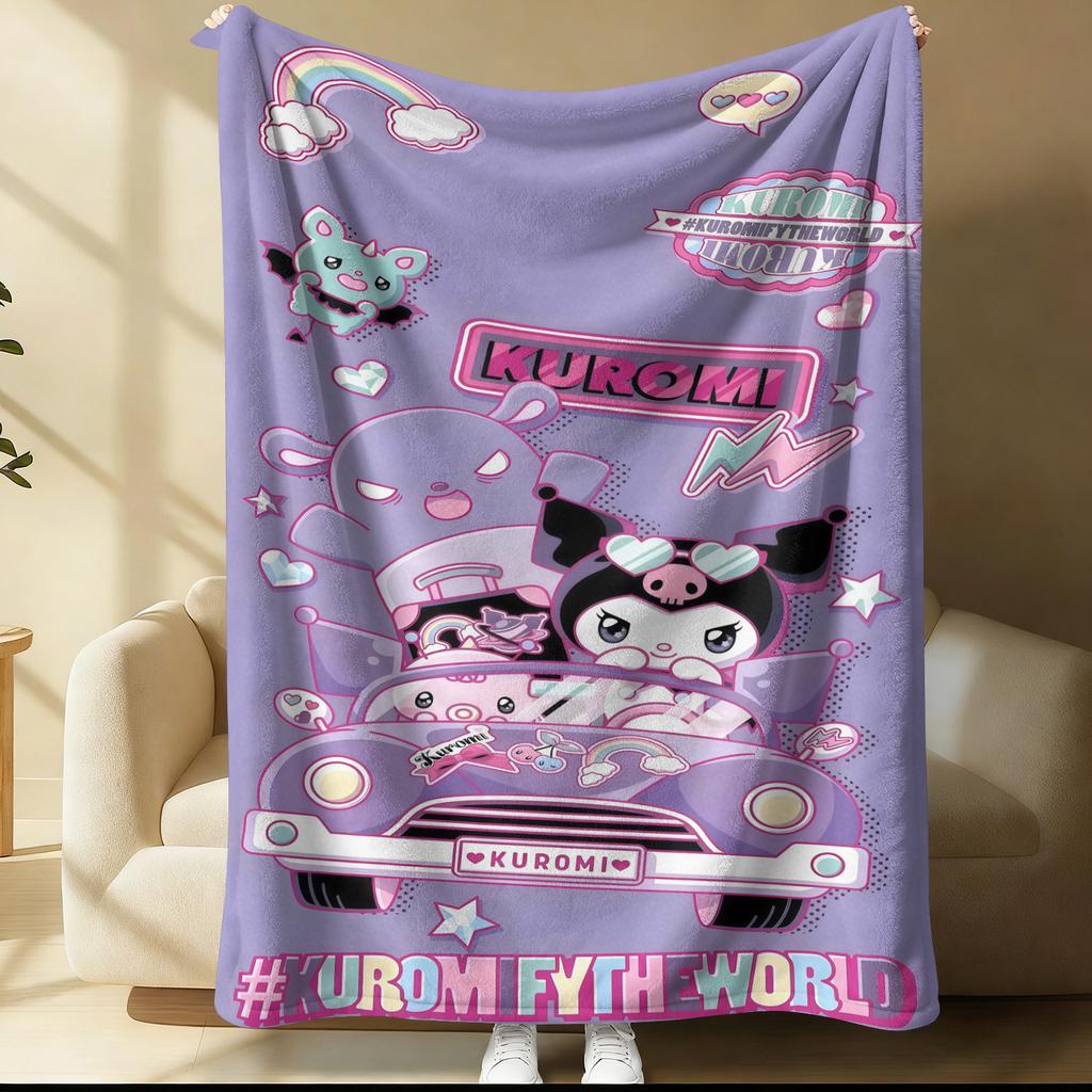 Kuromi Purple Cartoon Car Blanket Cute Comic Strip Pattern Flannel Plush Throw for Home Decor Portable Travel Camping Blanket