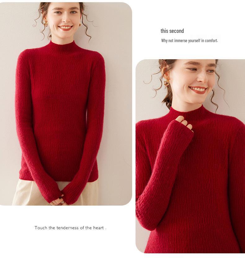 Women's Soft Cashmere Lychee-Pattern Knit Sweater - Half-High Collar, Slim-Fit, Perfect for Autumn and Winter Layers