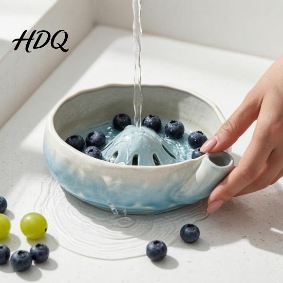 Compact Strainer for Grapes Ceramic Berry Washing Bowl with Drainage Hole Easy Clean Kitchen Gift New Home Housewarming Bowl Self Rinsing