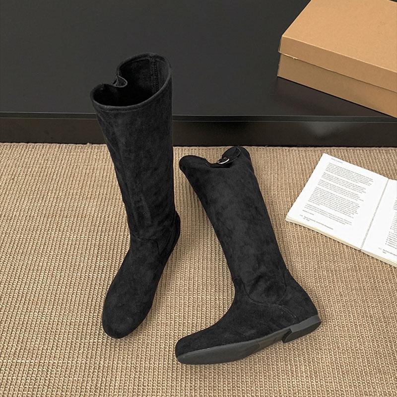 Comemore Khaki Retro Women's Long Boots Autumn Suede Solid Flat Bottom Ladies Shoes Belt Buckle Round Toe Knee High Knight Botas