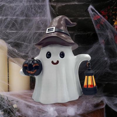 Solar Niedliche Geisterstatue Halloween Schreibtischornament Wetterfest Handgefertigt Harz Kürbis Geist Figur mit Licht