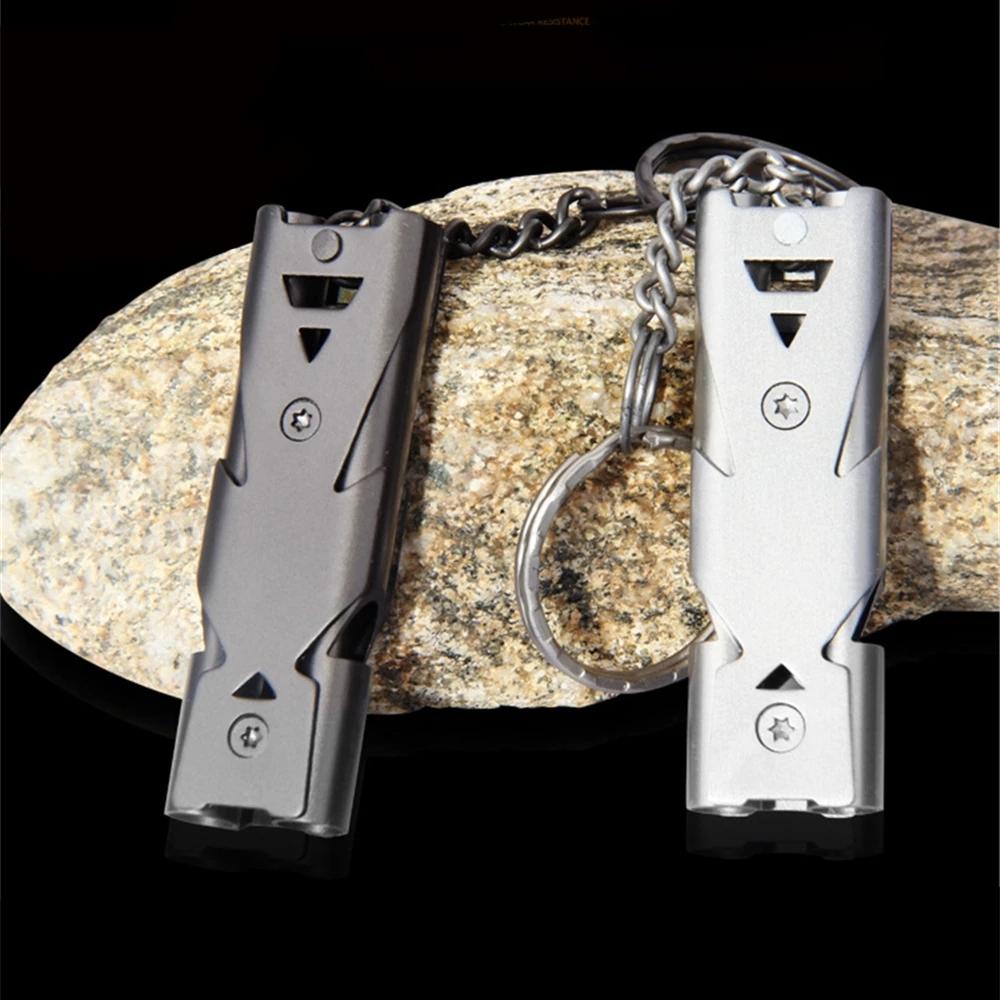 

Многофункциональный аварийный свисток для выживания из нержавеющей стали, брелок с двойной трубкой и высоким децибелом