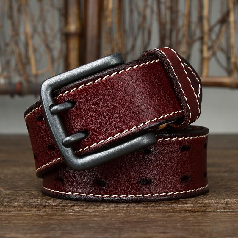 Belt Men's Retro Trendy All-Match Italian First Layer Cowhide Double Pin Buckle Genuine Leather Jeans Belt
