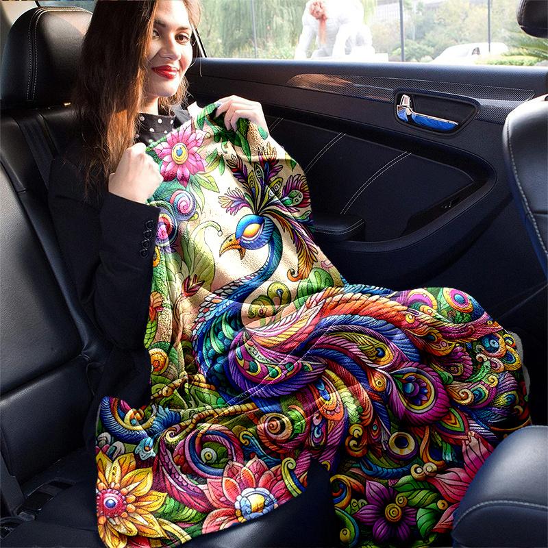 1pc Colorful Peacock amidst Lush Flowers Cartoon Blanket Seasonal Home Decor Gift for Fans, Soft for Couch, Living Room, Travel, Camping