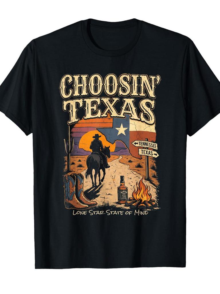 Größe wählen Texas Staat T-Shirt Texas Schriftzug Einzelstern Lässig Rundhalsausschnitt Westhemd Su