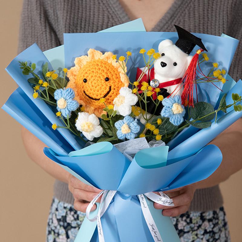 Doktor Bär Häkelstrauß Handgestrickte Sonnenblume Kreativ Handgestrickt Abschlussblumen Geschenk Kawaii Bär Strauß Kindergeschenke