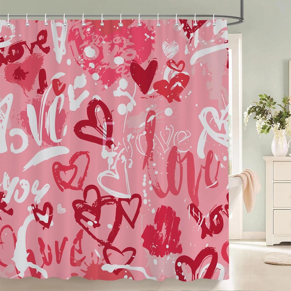 Heart-shaped Pattern Shower Curtain Fabric Shower Curtains for Valentine's day Bathroom Decor Pink Love style Shower Curtains