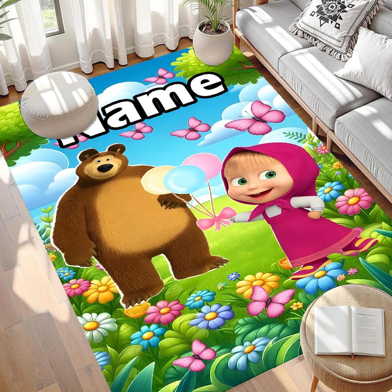 Custom Name Personalized Masha and The Bear Print Carpet, Versatile Home Decor Rug, for Playroom, Apartment, Balcony, Entryway, Hallway Gift