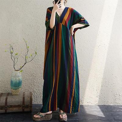 Short Sleeve Plus Size Cotton Vintage Stripe New In Dresses for Women Casual Loose Long Summer Dress