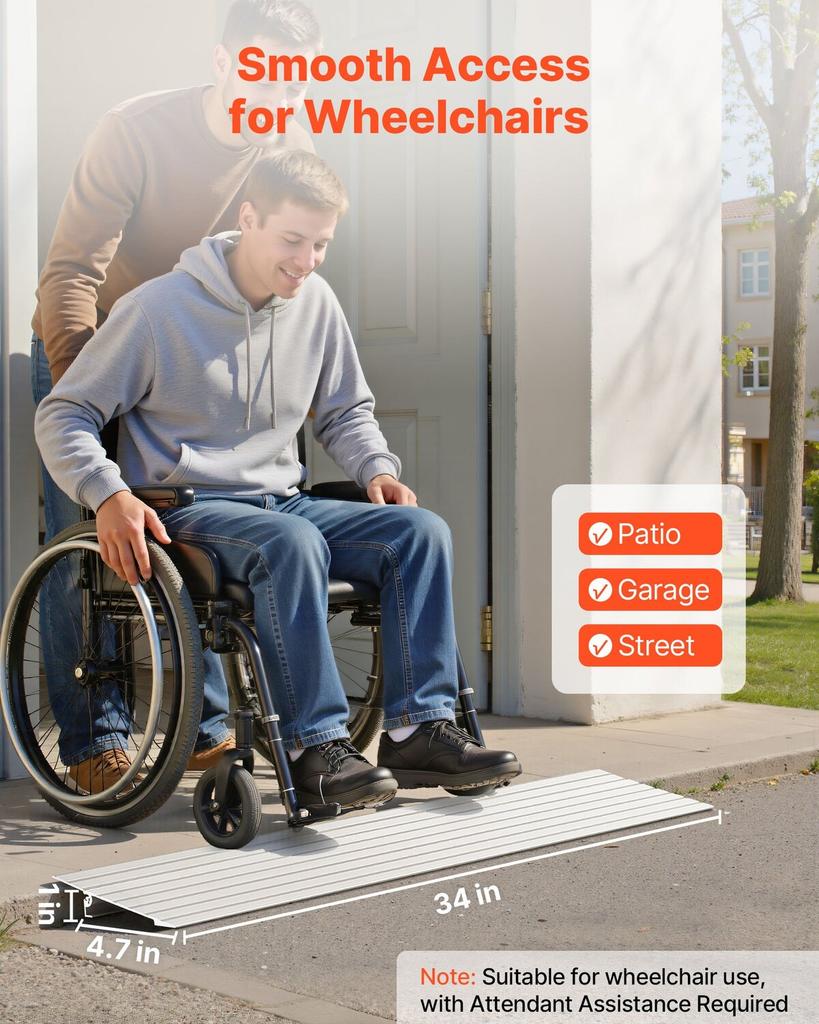Door Threshold Ramp, 26 Mm Rise, Aluminum Alloy Threshold Ramp Rated 363 Kg Load Capacity, Handicap Ramps for Home Steps for Wheelchair, Scooters,