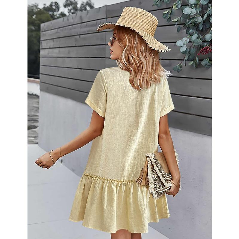 Women's V Neck Button Front Ruffle Hem Midi Dress Short Sleeve Casual Dress