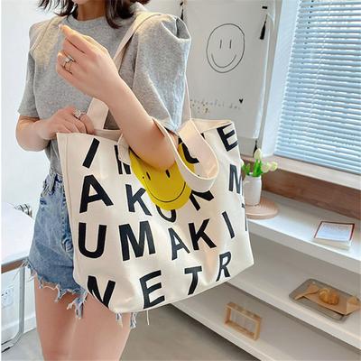 Letter & Smily Face Print Tote Bag, Large Capacity Canvas Shoulder Bag, Fashion Zipper HandBags For Shopping School