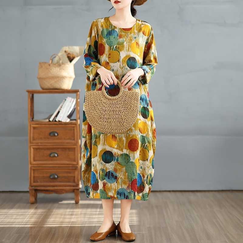New Vintage Printed Round Neck Long Sleeve Plus Size Long Dresses