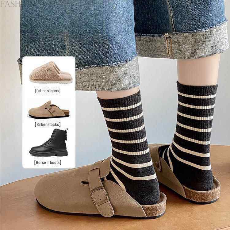 Maillard Women's Striped Mid-Calf Socks - Spring & Autumn Korean Style with Shark Pants