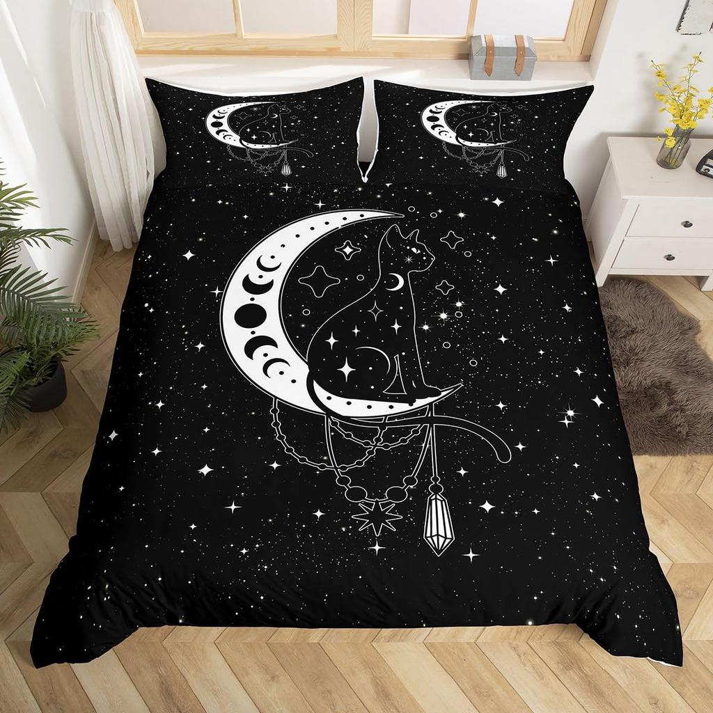 Cartoon Black Cat Duvet Cover Set Queen Size Cute Kawaii Kids Girls Comforter Cover Set Animals Quilt Covers With 2 Pillowcases