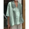 Women Spring and Summer Solid Half Sleeve Cotton Linen Top Plus Size V-neck Loose Casual Blouse