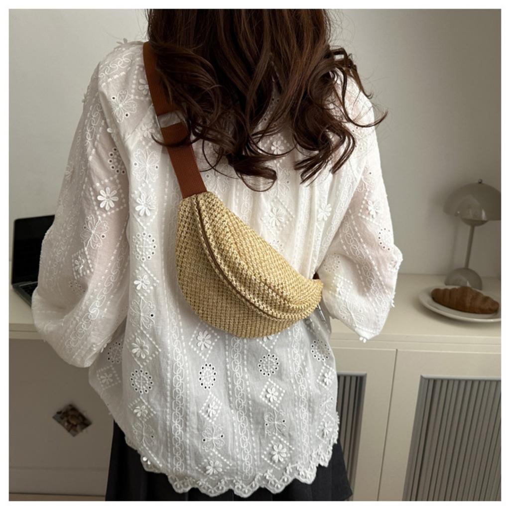 Women'S Stylish Woven Chest Bag - Light Brown, Crossbody Sling Phone Pouch with Zipper Closure, Versatile Waist Pack for Beach, Beach Bag