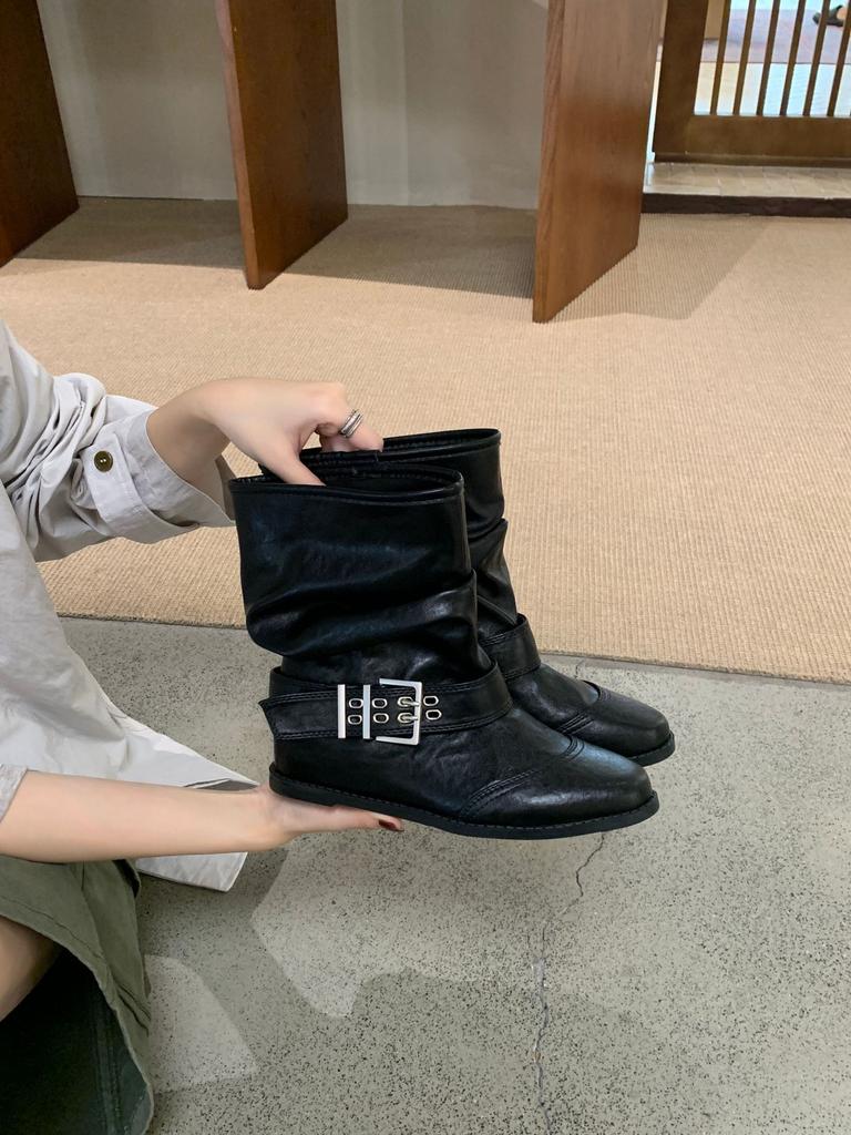 Retro style belt buckle stacking boots women's pleated knight boots locomotive boots temperament inner height increase short boots