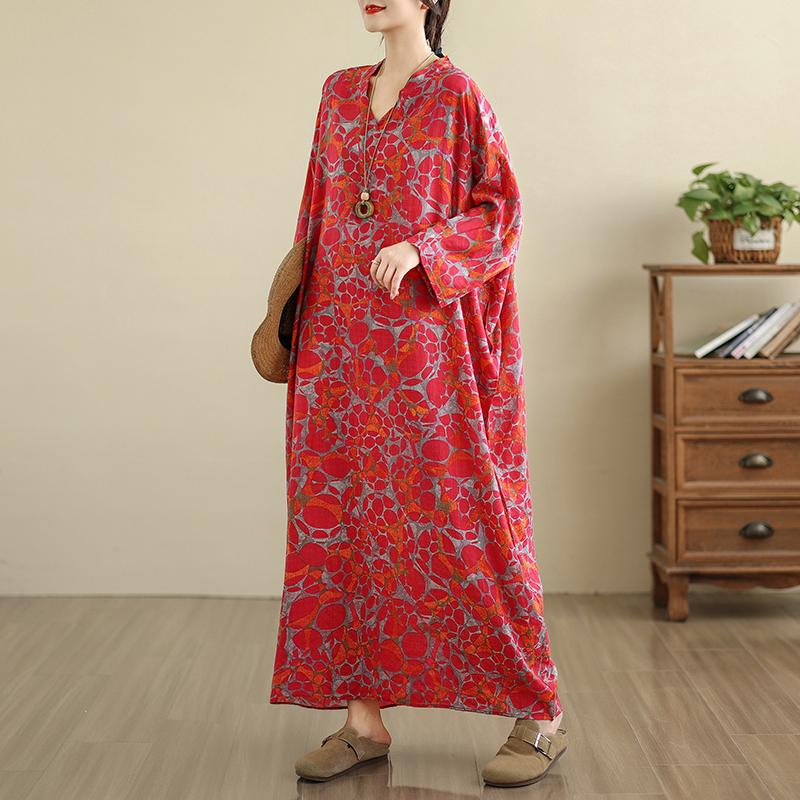 DIMANAF 2025 Women Plus Size Spring Long Dress Loose V-Neck Printing Vintage Casual Floral Oversize Long Sleeve 5034