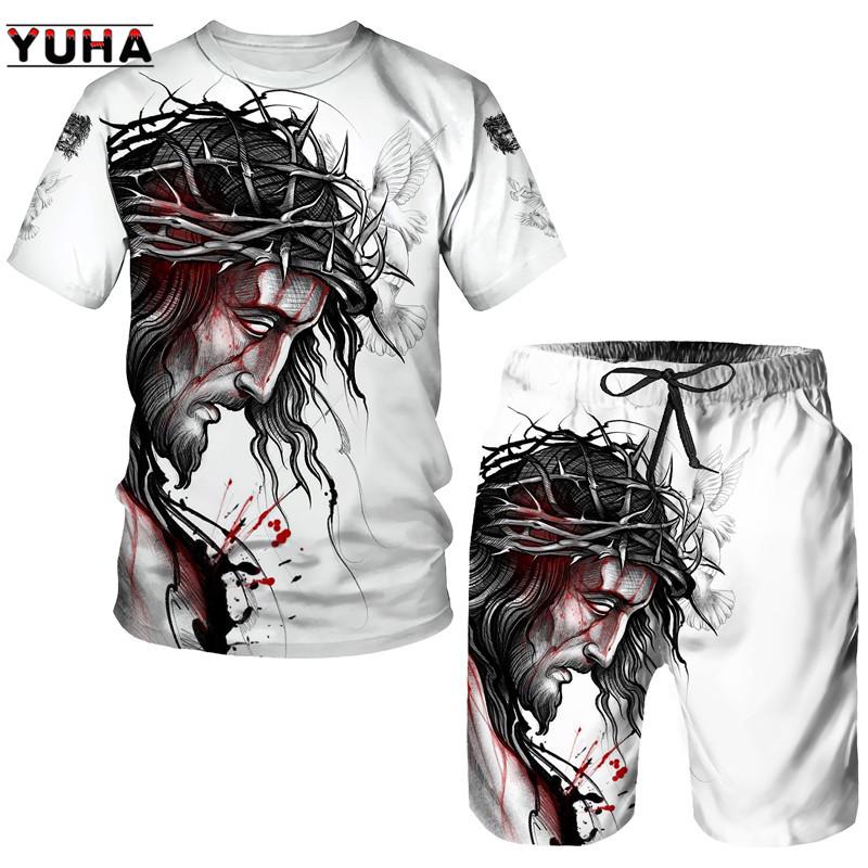 Summer Men's 3D Lion Cross Printed Men's T-shirt/Shorts/Suit Short Sleeve Jesus Love Everone Christian Street Wear 2 Pcs