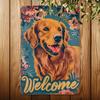 1pc Vintage Golden Retriever Dog Welcome Sign, Iron Metal Tin Wall Art, Floral Background, Home & Garden Decor, Cafe Bright Warm