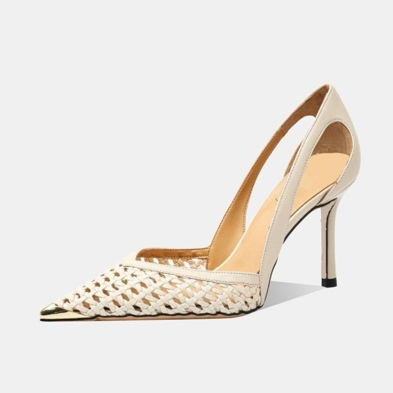 Woven Cutout Breathable Slip-on Non-Slip Heels Fashion Metallic Pointed Toe Stiletto Single Shoes