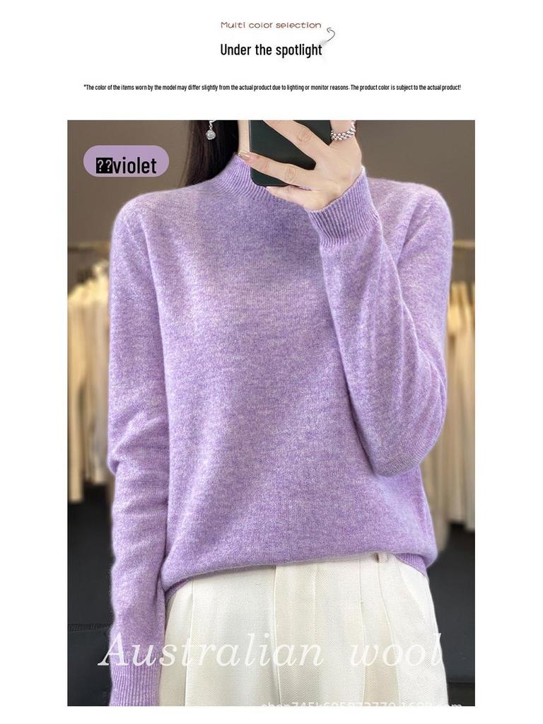 Women's 100% Wool Long-Sleeve Half-High Neck Sweater - Loose Fit, Ideal for Autumn/Winter