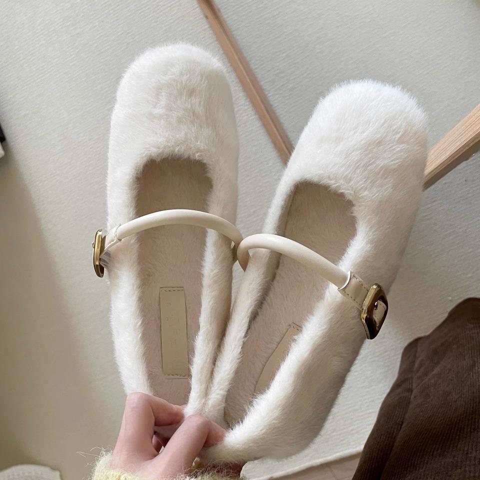 Real Wool Version~ Inner Height Increase 4cm Grape Ma Ballet Single Shoes Velvet Warm Fluffy Shoes Women Wear Mary Jane Shoes In Winter