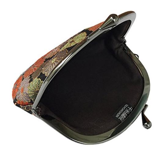 Senshishuin Nishijin Brokatverschluss Runde Geldbörse Chrysantheme in voller Blüte 3,5-Zoll Geldbörse/Münzbeutel (Gefüttert) (Schwarze Blüte)