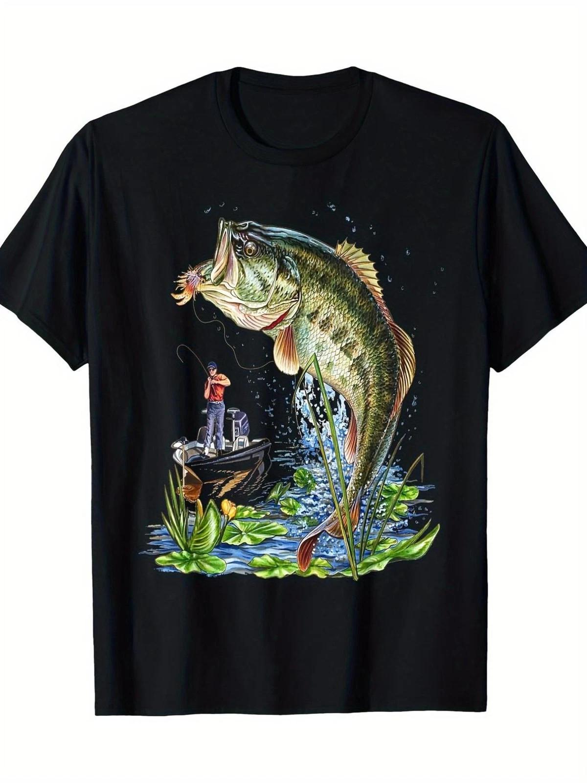 Men’s Largemouth Bass Fishing Graphic T-Shirt Jumping Fish Angler Outdoor Tee XXXL