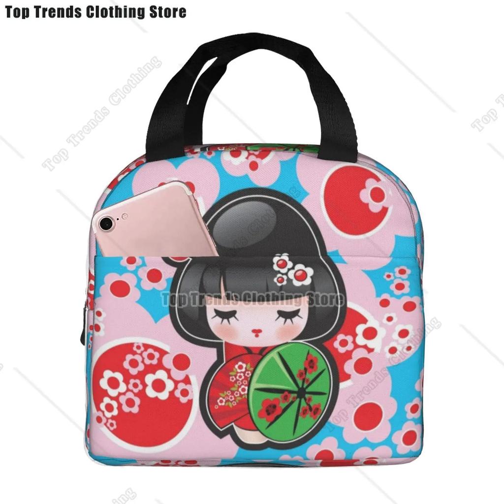 Japanese Keiko Kokeshi Doll Insulated Lunch Bag Cute Design Kimono Geisha Dolls Girls Cooler Thermal Bento Box Lunch Boxes