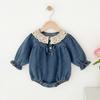 Baby Girl Romper Lace Trim Knit Denim Long Sleeve Bodysuit Toddler 6M-3T