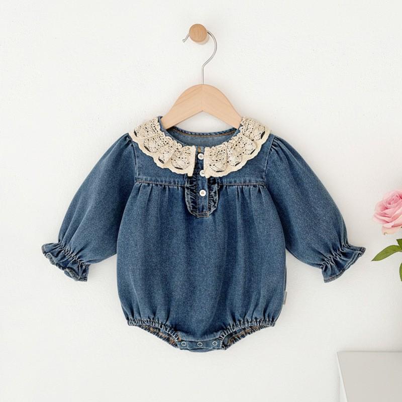 Baby Girl Romper Lace Trim Knit Denim Long Sleeve Bodysuit Toddler 6M-3T