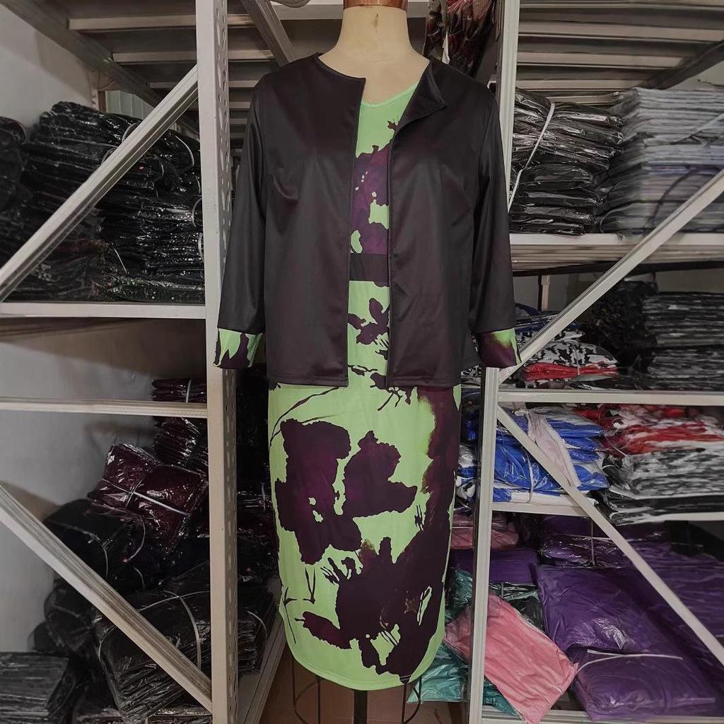 Dwuczęściowy damski zestaw plus size: Krótki top z siedmioma rękawami i spódnica owijana na biodra na wiosnę/jesień