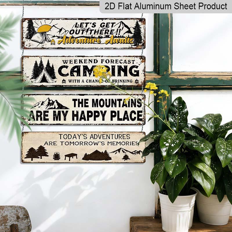 2D Flach 4 Paar/Set Retro Outdoor Camping Thema Langes Aluminium Dekoschild, Wochenendvorhersage Camping Abenteuer wartet Dekoratives Metall
