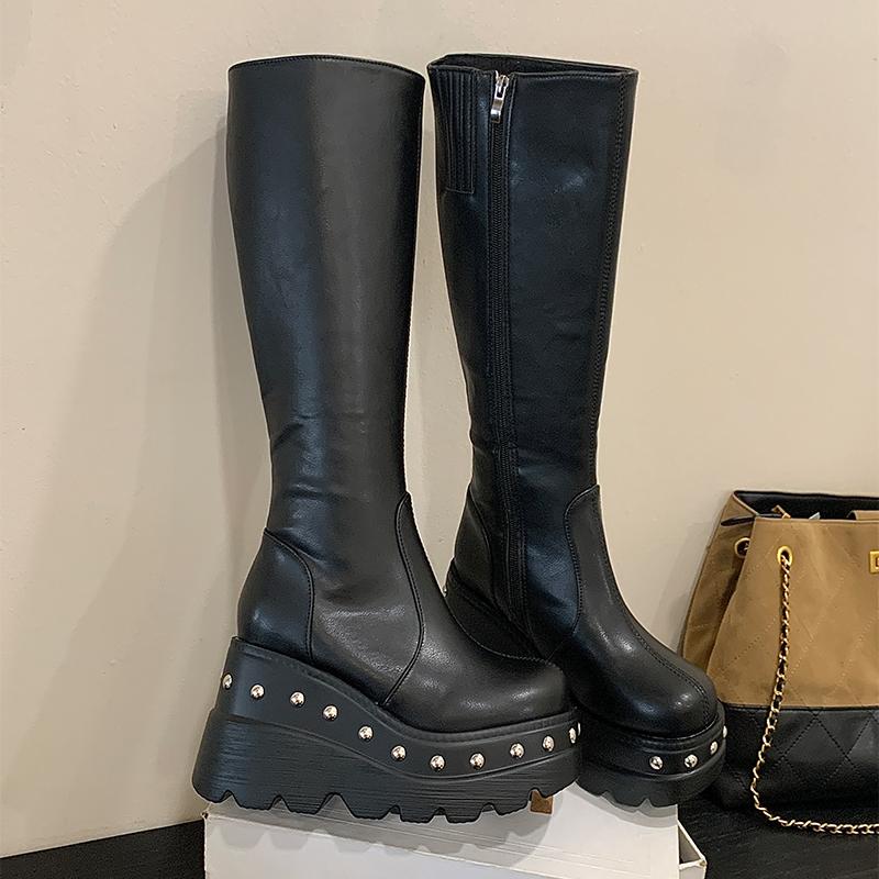 Women Knee High Boots Soft Leather Platform Round Toe Long Shoes Woman High Heeled Motorcycle Boots Elegant Lady Boots
