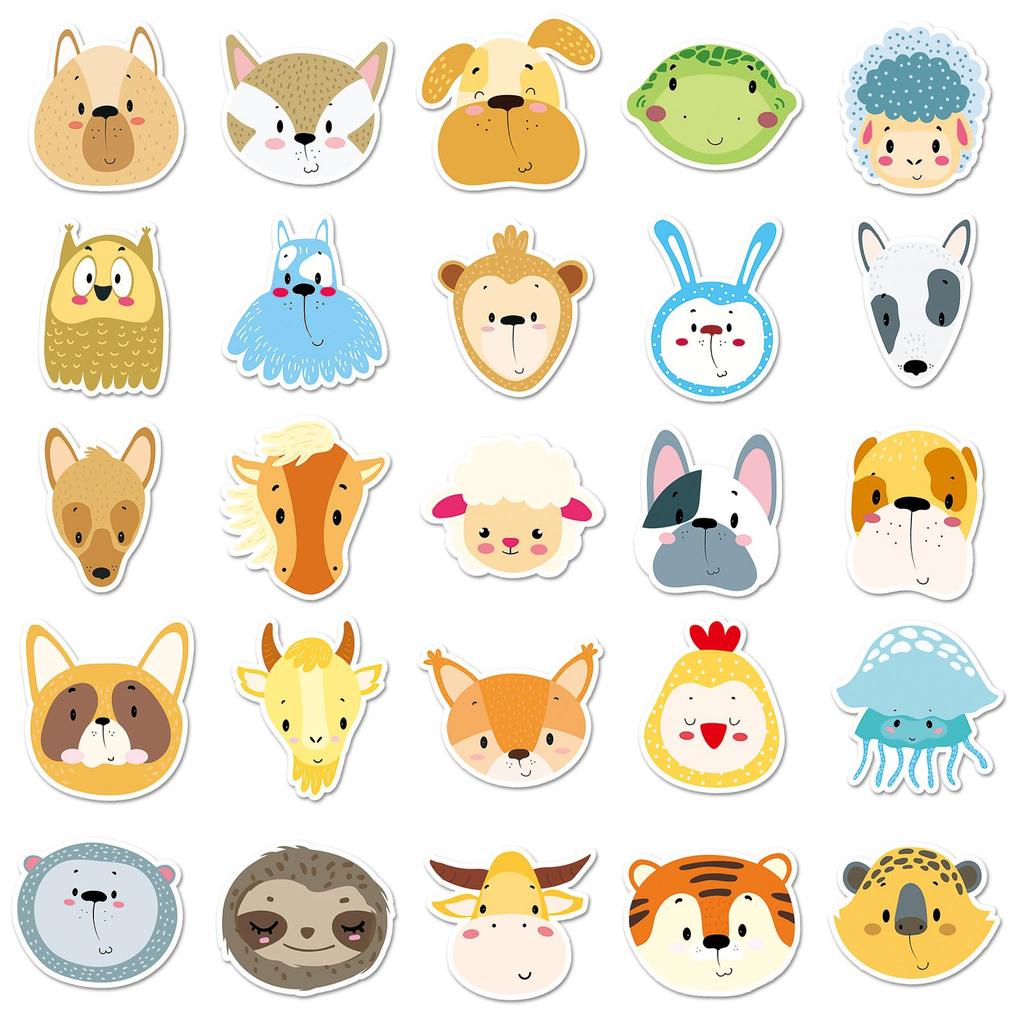 50pcs Cute Cartoon Animal Face Stickers for DIY Fun - Waterproof and Ideal for Phone Cases & Luggage