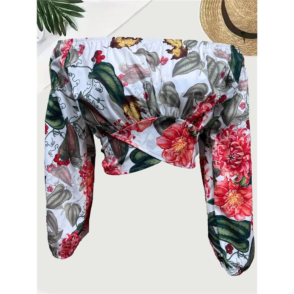 Women's long sleeves off-shoulder one-length neck lantern sleeve printed shirt
