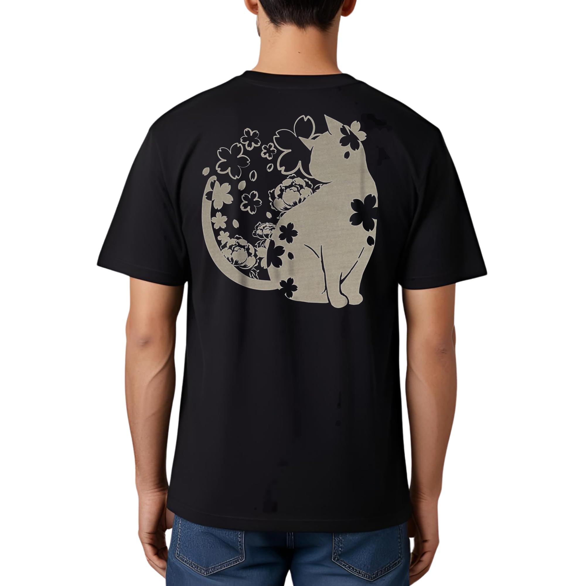 

Мужская черная футболка с цветочным котом Edoten, размер M, 6,8 унции, японский узор, вытравная печать на изысканной ткани слаб.