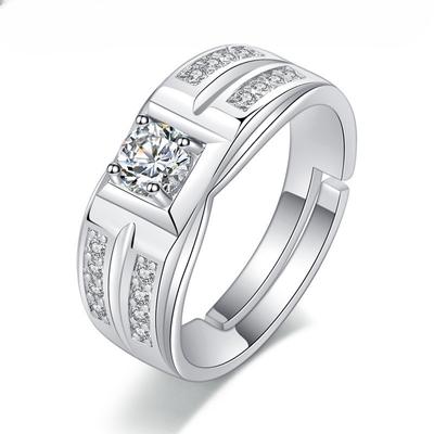 European And American Fashion Men'S Two-Row Zircon Ring, White Gold-Plated Simple Ring, Adjustable Opening Wedding Ring