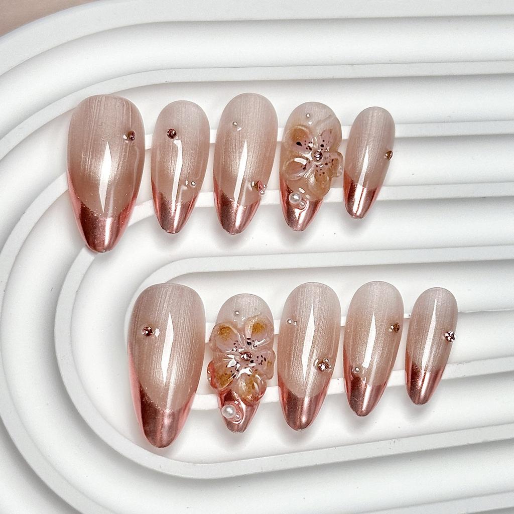 Women Mid‑Long Almond Press‑On Nails Pure‑Handmade French‑Engraved Magic‑Mirror Pink Cat‑Eye False Nail Patches